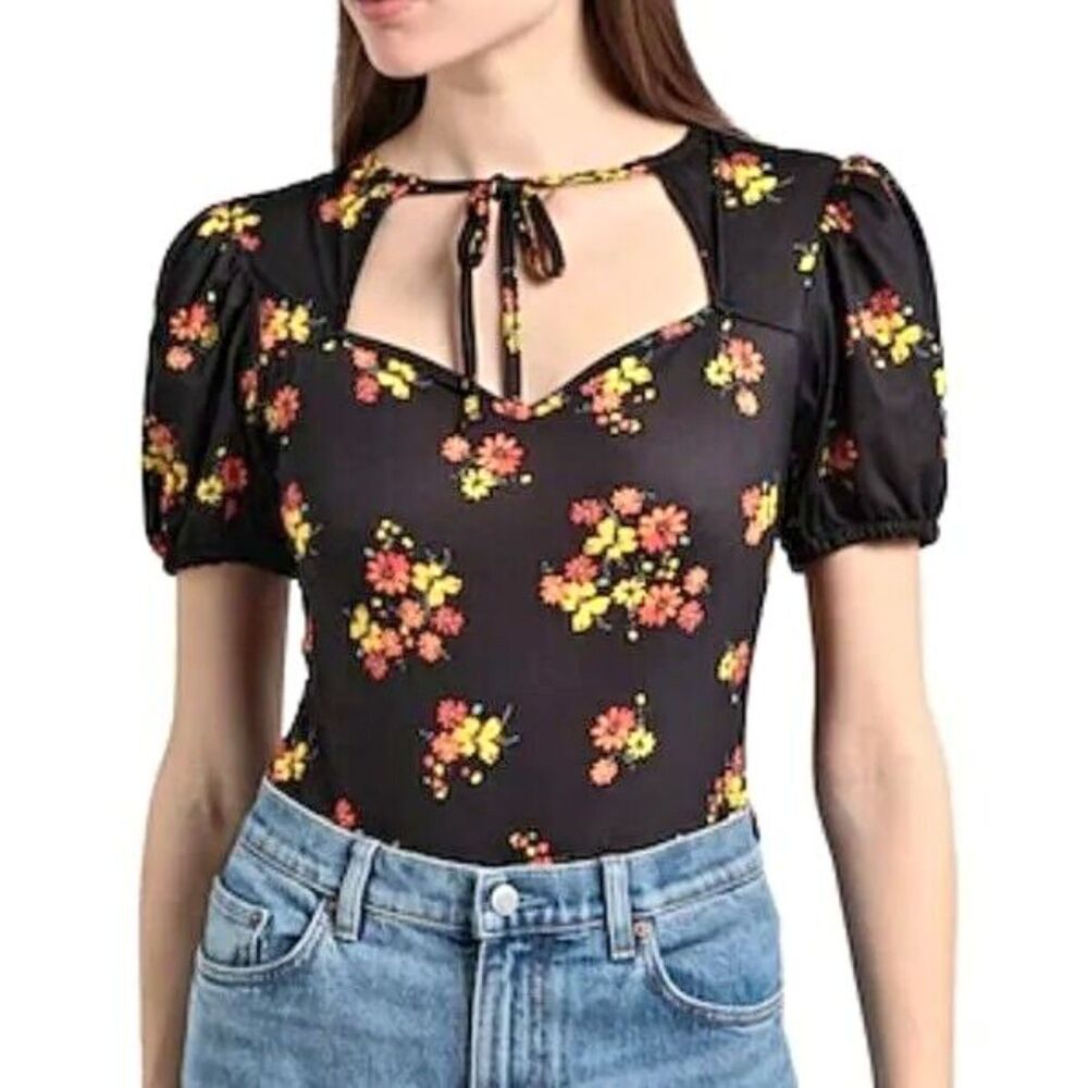 Topshop Bodysuit Floral Cottagecore Puff Sleeve Black Cut Out Keyhole Size 14